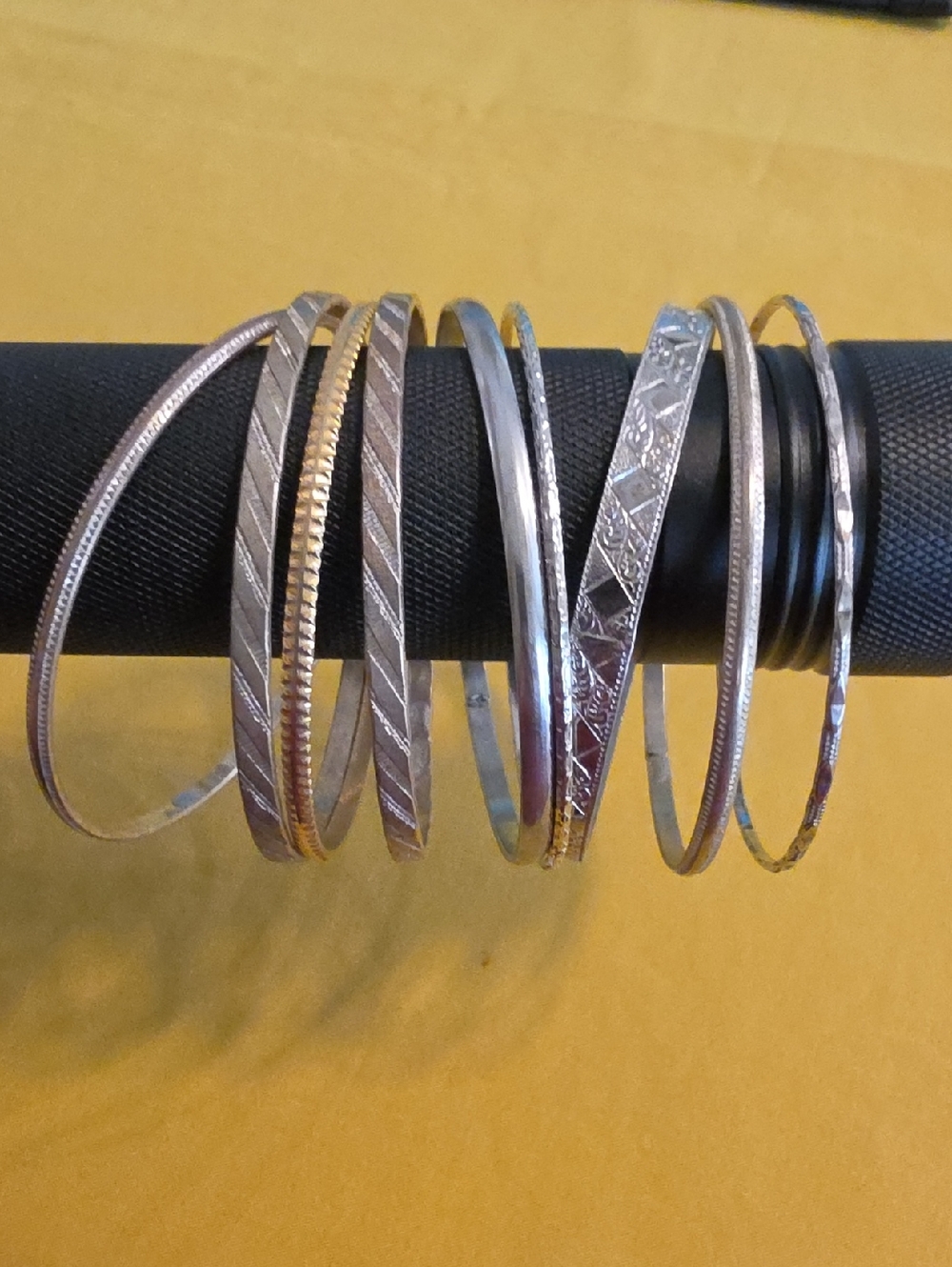 9 Mixed Metal Bangle Bracelet Set - Silver & Gold Accents - Costume Jewelry